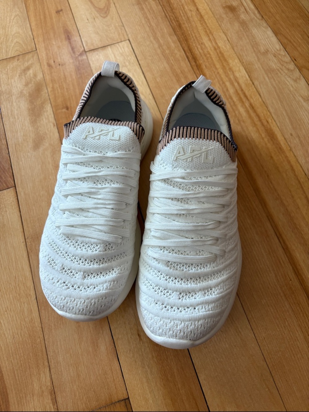 APL TechLoom Wave Knit Slip-On Sneakers in White with Brown Trim -Size 7 Women's